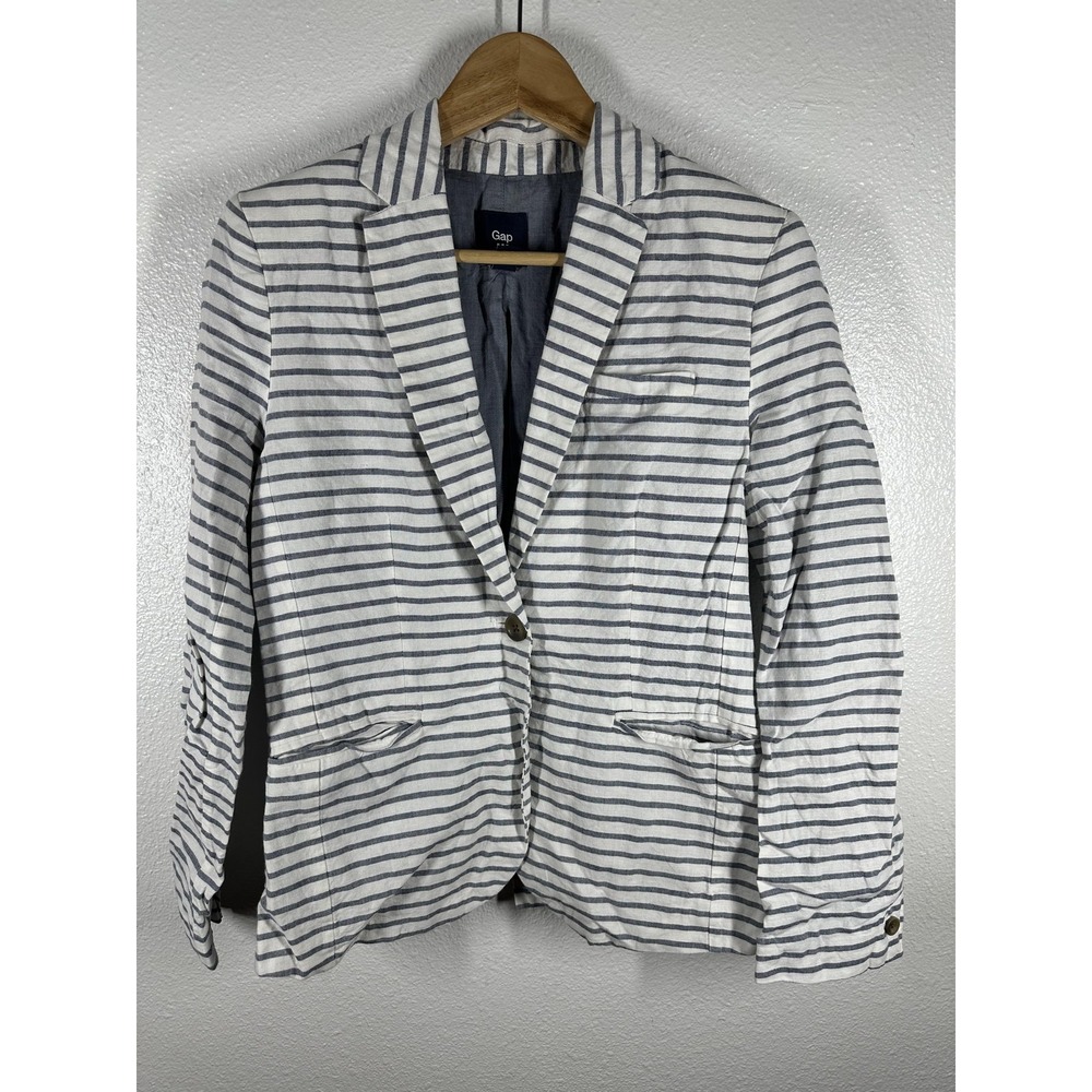Gap Blazer Womens 2 White Gray‎ Stripe Linen Cotton Lightweight Jacket Workwear